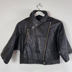 Rhys Dwfen Kid's Zip Up Collared Casual Outdoor Leather Jacket Black Medium